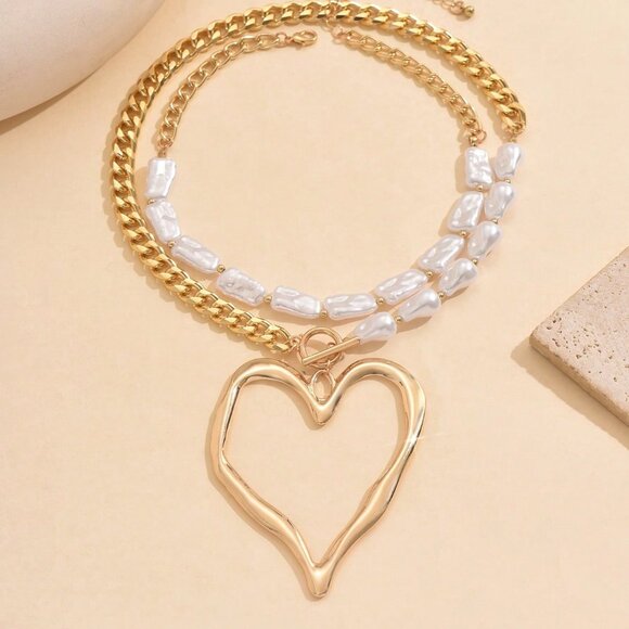 Gold Old Money Style Women's Exaggerated Metal Heart & Asymmetrical Faux Pearl N - Picture 3 of 5